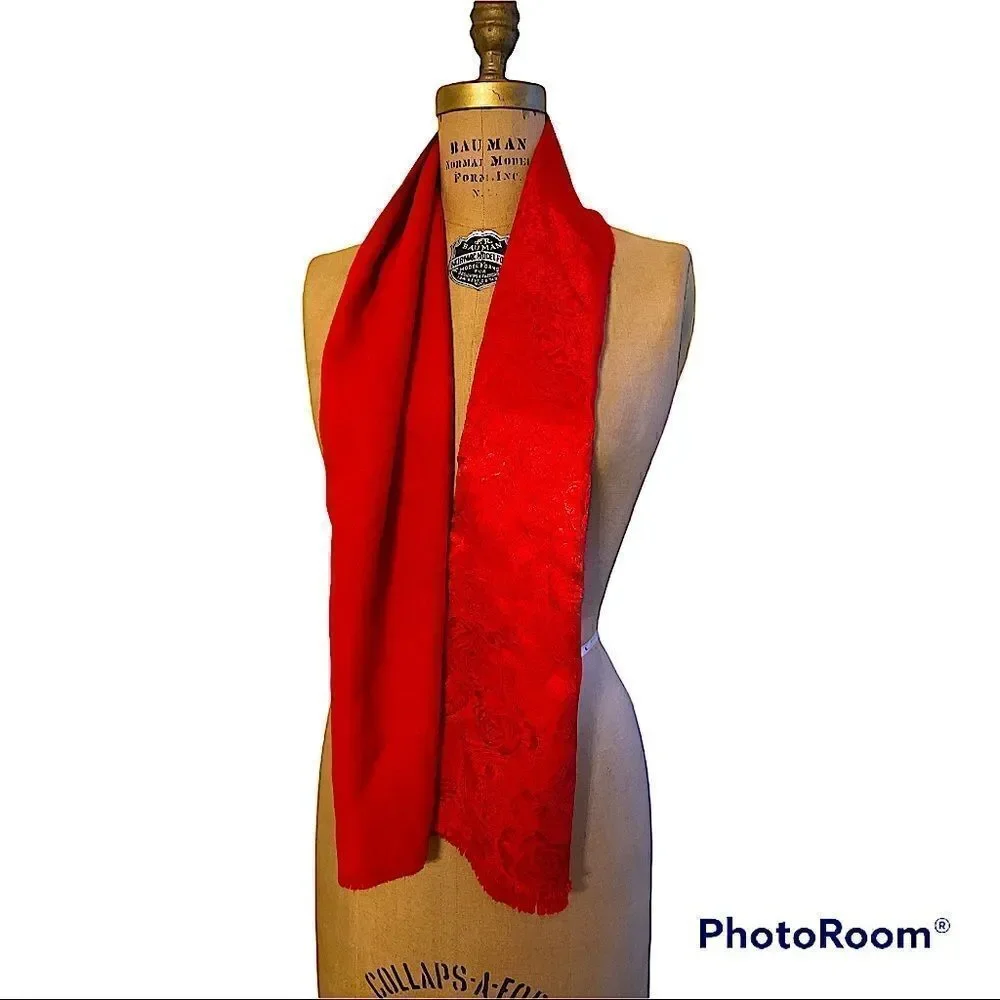 Vintage Red Paisley scarf woolly on one side, silky self patterned on the other